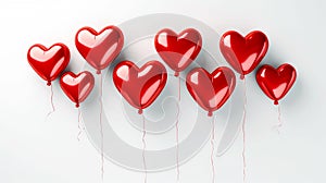 Several glossy red heart-shaped balloons on a white background. Suitable for Valentine's Day and Mother's Day