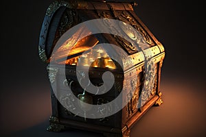 Several gold money and lights are hidden within an antique pirate treasure chest