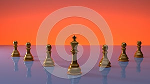 Several golden Chess Pawns lined up with the Chess King at the forefront, the concept of leadership in an organization