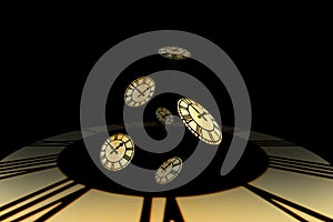 Several golden clockfaces falls out of a timewell.