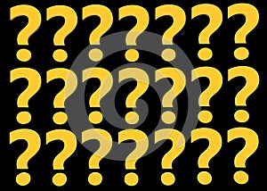 Several golden yellow question marks punctuation orderly aligned horizontally and vertically black backdrop