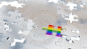 Several Grey Puzzle pieces with some holes and one Rainbow piece