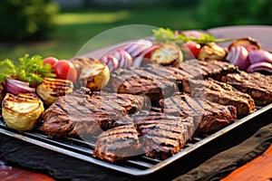 several grilled seitan steaks on a large platter