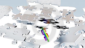 Several group of grey puzzle pieces scattered and one rainbow piece with white background