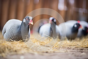 several guinea fowls on a farm with hay