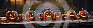 Several Halloween carved pumpkins outside on Hallows Eve - generative AI