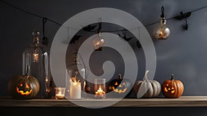 Several halloween pumpkins and candles on a dark shelf