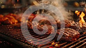 Several Hamburgers Sizzling on the BBQ. Generative AI