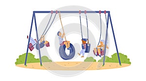 Several happy kids swinging on swing, bungee in park at playground in flat