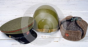 Several headpieces of soviet soldier photo