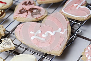 Varios corazón Día de San Valentín día festivo galletas en rosa helado sobre el 