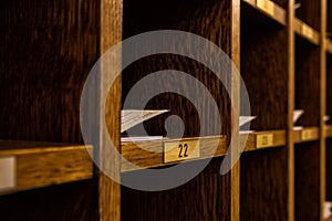 Several hotel card keys in a cabinet