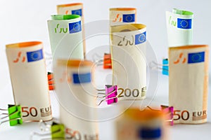 Several hundred euro banknotes. Euro banknotes random stacked.