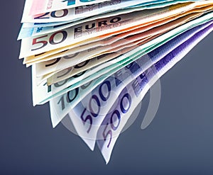 Several hundred euro banknotes stacked by value. Euro money concept. Euro banknotes. Euro currency.