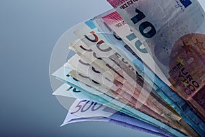 Several hundred euro banknotes stacked by value. Euro money concept. Euro banknotes. Euro currency.