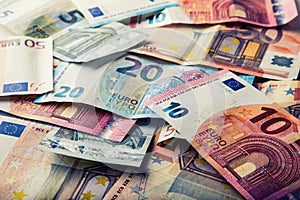 Several hundred euro banknotes stacked by value. Euro money concept. Euro banknotes. Euro money. Euro currency. Banknotes stacked