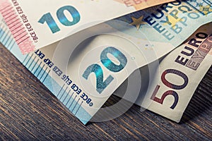 Several hundred euro banknotes stacked by value. Euro money concept. Euro banknotes. Euro money. Euro currency. Banknotes stacked