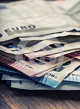 Several hundred euro banknotes stacked by value. Euro money concept. Euro banknotes. Euro money. Euro currency. Banknotes stacked