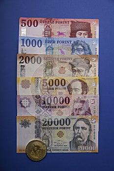 Several Hungarian forint paper money denominations with a gold bitcoin digital cryptocurrency coin on a blue background.