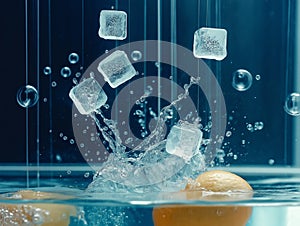 Several ice cubes mid-fall