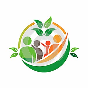 Several individuals standing in circle, holding hands, surrounded by leaves, Create a minimalist logo for a charity dedicated to