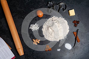 Several Ingredients for Cookies displayed in a circle on a slate plate.