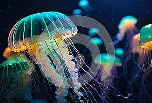 several jellyfish in the water under the lights of the ocean