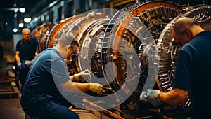 Several jet engines being maintained by the professionals. Three men wearing blue uniform work with aircraft detail. Generative AI