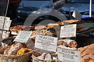 Several kinds of Italian regional bread on sale.