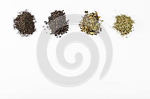 Several kinds of tea leaves black green collection different white background