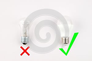 Several LED energy saving light bulbs over the old incandescent, use of economical and environmentally friendly light
