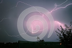 Several lightning bolts are traveling through the sky during a summer thunderstorm in Romania