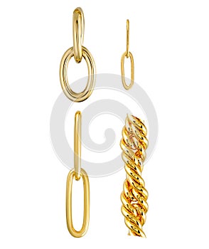 Several links of metal gold chain for designers and advertising mockups closeup