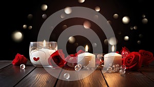 Several lit white candles along with red rose flowers on blurred background and natural wood table. Generative AI