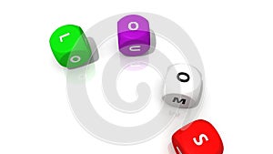 Several multicolor rolling dices against a white background