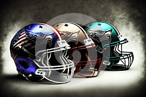 Several new bright helmets for team of players in American Football, generative ai