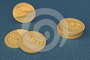 Several NFT Golden coins on blue background. Non fungible tokens