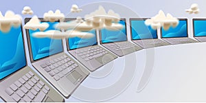 Several notebooks connected in cloud service, cloud server concept photo