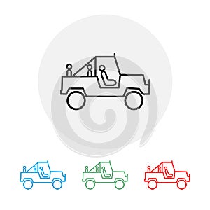 Several off-road vehicles with passengers. Vector illustration.