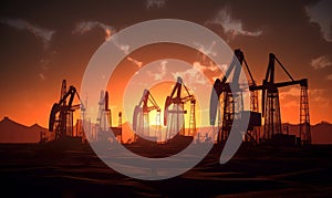 Several oil rigs silhouettes in the desert. Beautiful sun setting sky at backdrop. Generative AI