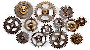 Several old industrial gears isolated on white created with Generative AI