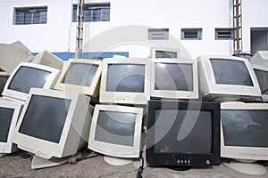 Several old video monitors