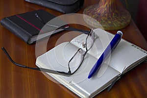 Several agendas for annotations, glasses and a pen photo