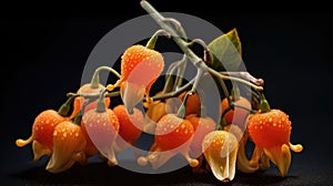 Several orange flowers, including some that are in full bloom. These flowers are arranged on table next to vase