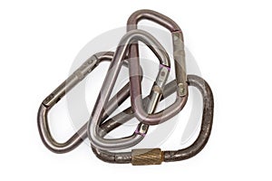 Several oval non-lockingÃ¢â¬â¹ and one triangular locking carabiners photo