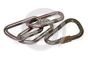 Several oval non-lockingÃ¢â¬â¹ and one triangular locking carabiners photo