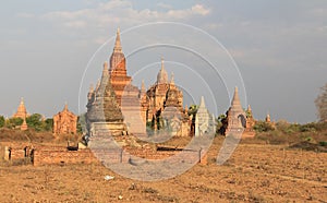 Several pagodas of Bagan at sunset
