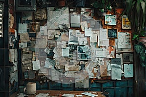 Several papers, notices, and announcements pinned to a wall on a bulletin board, A bulletin board filled with announcements and photo