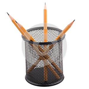 Several pencils are inside a black cup. Isolation on a white phone.