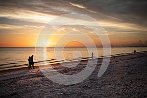 Several people and a dog enjoy a walk at sunset in Bonita Beach, FL